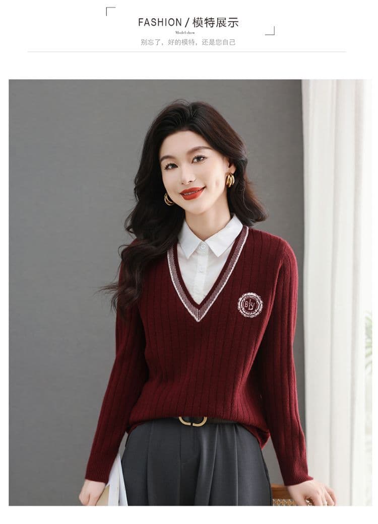 패치워크 페이크 레이어드 스웨터 여자 패션 셔츠 칼라 맨위 봄 가을 새로운 외국 가스 루즈핏 슬림해 보이는 니트 기본 셔츠 상세 이미지 9
