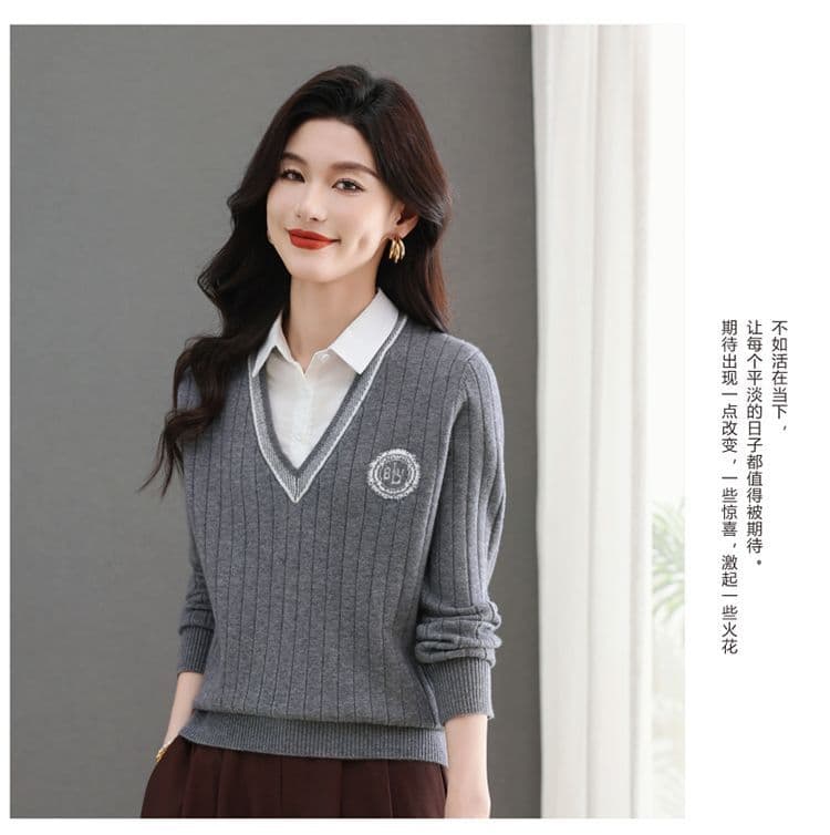 패치워크 페이크 레이어드 스웨터 여자 패션 셔츠 칼라 맨위 봄 가을 새로운 외국 가스 루즈핏 슬림해 보이는 니트 기본 셔츠 상세 이미지 17