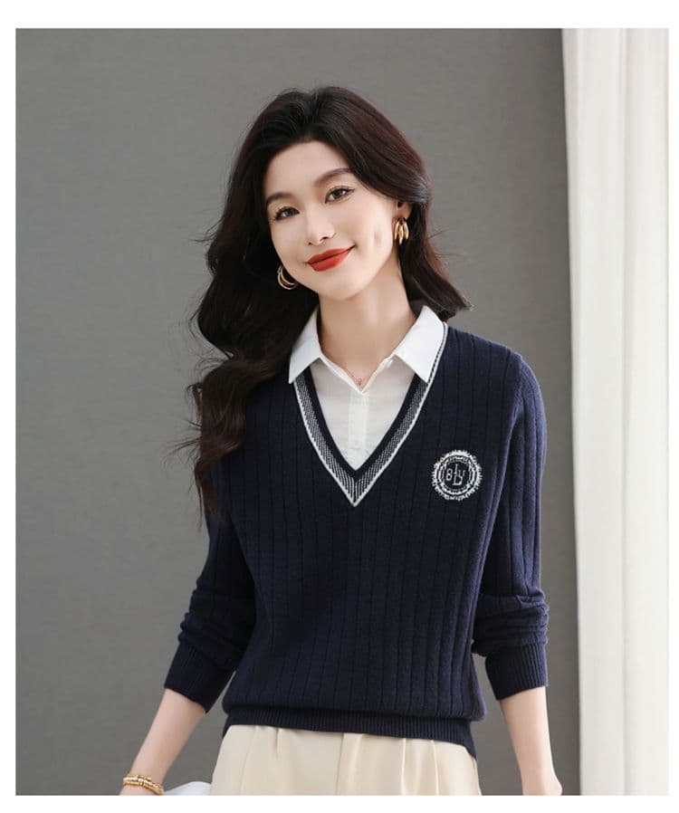 패치워크 페이크 레이어드 스웨터 여자 패션 셔츠 칼라 맨위 봄 가을 새로운 외국 가스 루즈핏 슬림해 보이는 니트 기본 셔츠 상세 이미지 19