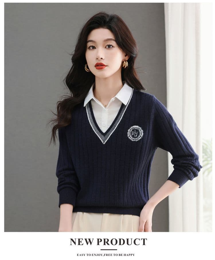 패치워크 페이크 레이어드 스웨터 여자 패션 셔츠 칼라 맨위 봄 가을 새로운 외국 가스 루즈핏 슬림해 보이는 니트 기본 셔츠 상세 이미지 21