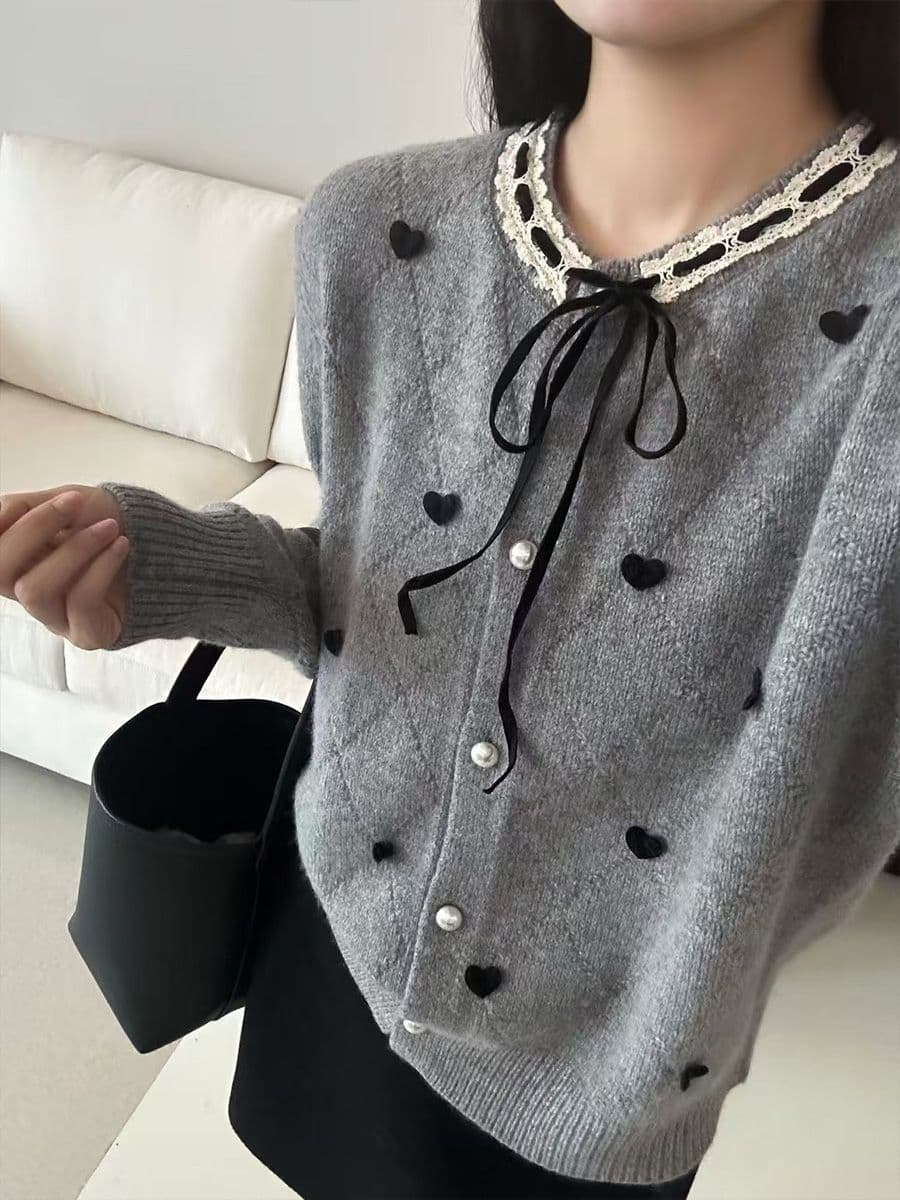 패치워크 색상 레이스 레이스 칼라 나비 매듭 스웨터 오픈 가디건 여성 코트 봄 가을 새로운 하이웨이스트 쇼트 스타일 니트 맨위 상세 이미지 25