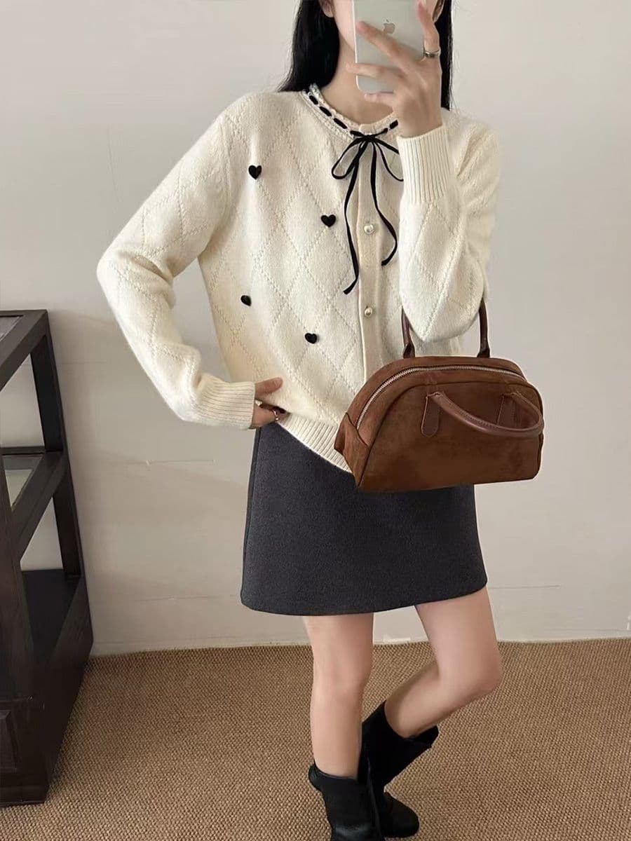 패치워크 색상 레이스 레이스 칼라 나비 매듭 스웨터 오픈 가디건 여성 코트 봄 가을 새로운 하이웨이스트 쇼트 스타일 니트 맨위 상세 이미지 26