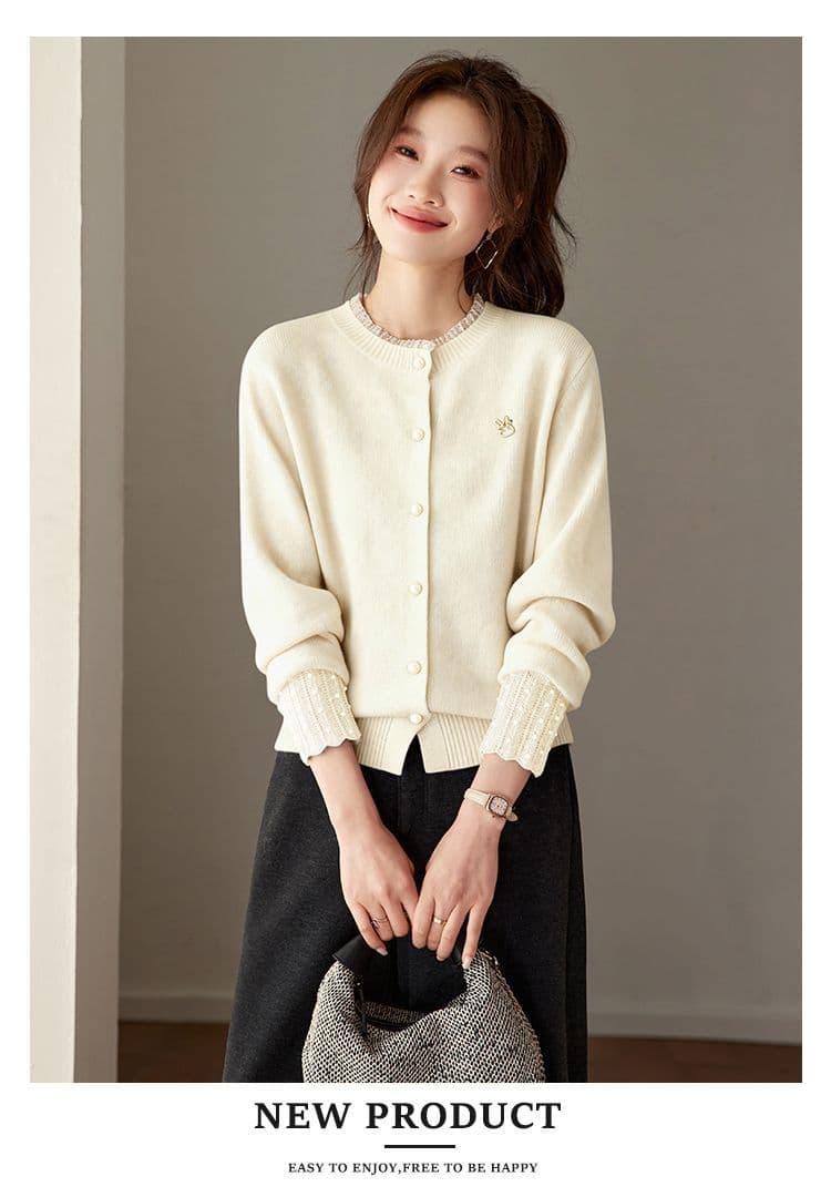 한 부서 패션 패치워크 색상 니트 레이스 쇼트 스타일 스웨터 새로운 가을 겨울 오픈 가디건 라운드 넥 품격 다용도 보온 재킷 상세 이미지 17