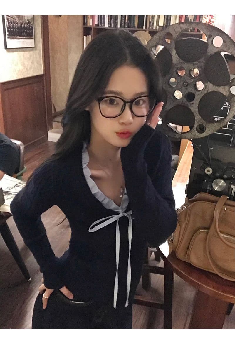 나비 매듭 니트 스웨터 여성 가을 겨울철 착용 가져 가라. 레이스 인사이드 잡아라. 의류 한 부서 V넥 몸매 가꾸기 슬림해 보이는 긴팔 스웨터 상세 이미지 22