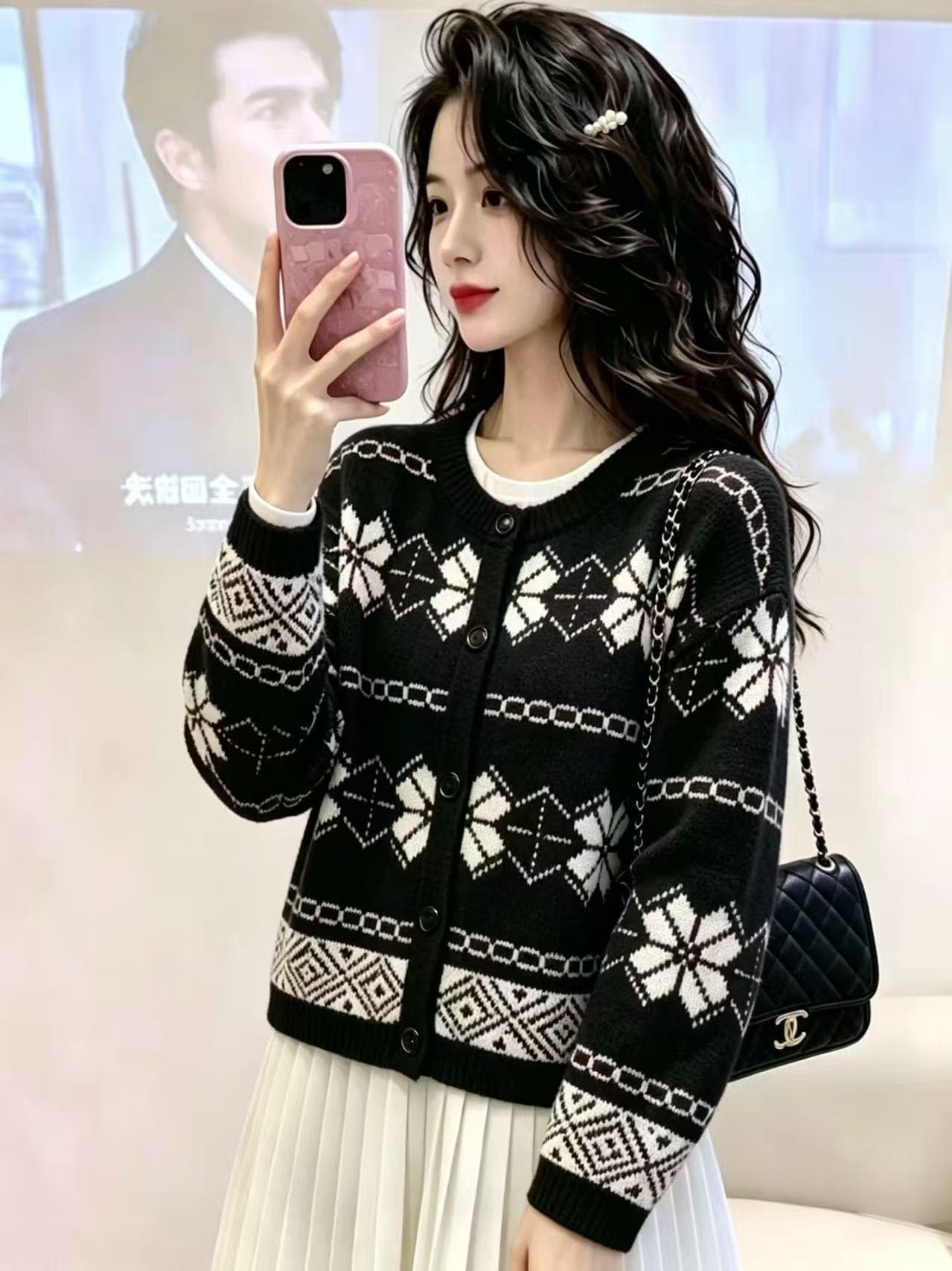 레트로 스타일 자카드 디자인 센스 대양 파이 검정색 맨위 봄 가을 여성 새로운 라운드 넥 캐주얼 와이드 부드러운 찹쌀 스웨터 여자 이미지 3