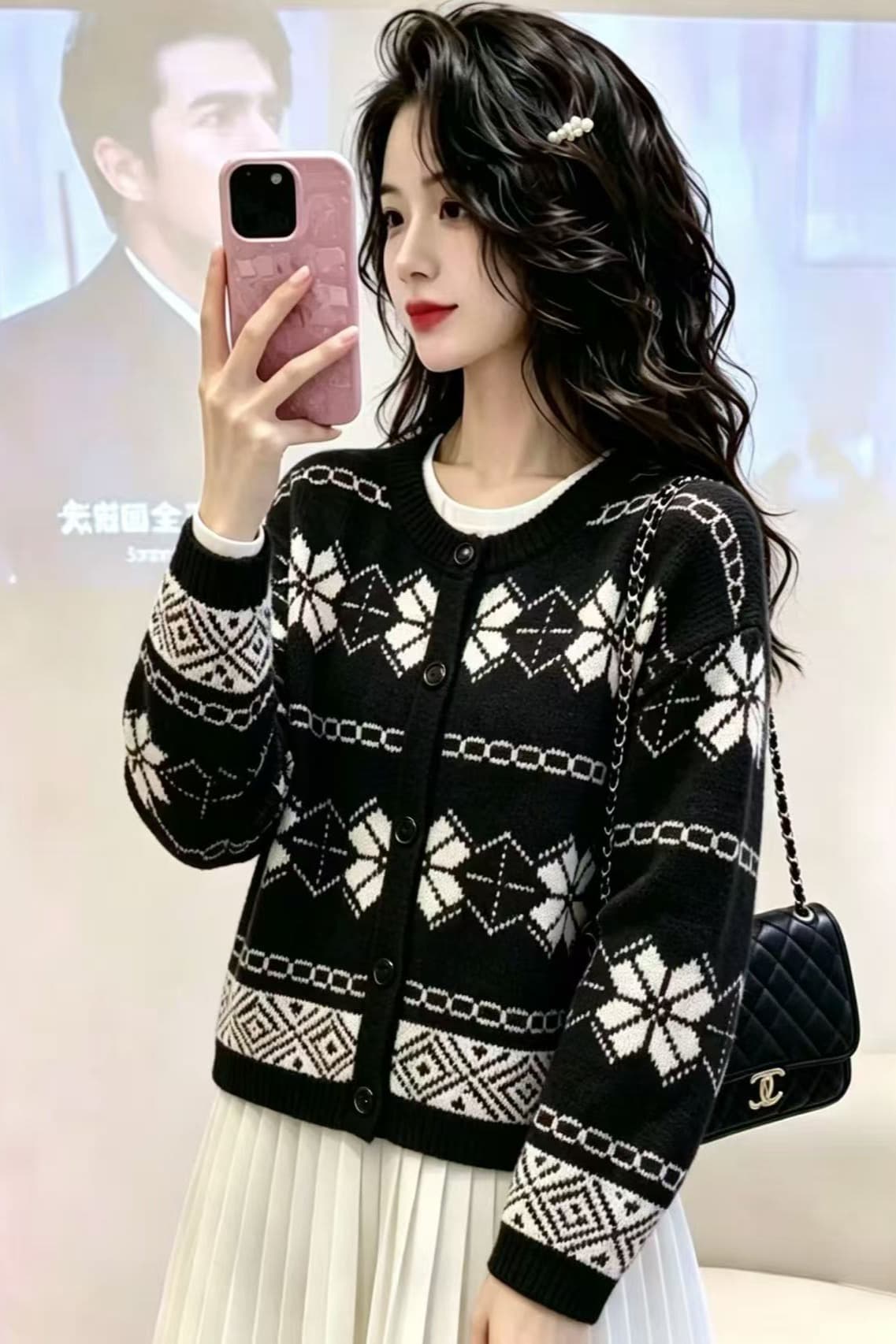 레트로 스타일 자카드 디자인 센스 대양 파이 검정색 맨위 봄 가을 여성 새로운 라운드 넥 캐주얼 와이드 부드러운 찹쌀 스웨터 여자 이미지 6