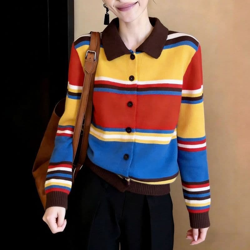 한 부서 패션 배색 스트라이프 POLO 칼라 니트 기본 셔츠 여성 봄 가을 새로운 고급 센스 루즈핏 슬림해 보이는 맨위 상세 이미지 10