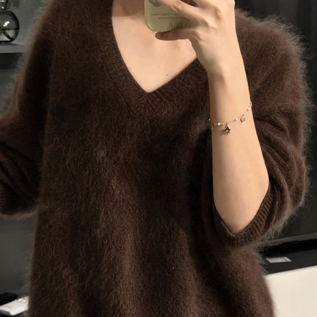 한 부서 고급 센스 V넥 모방 밍크 플리스 다용도 니트 스웨터 긴팔 스웨터 가을 겨울 느긋한 바람 부드러운 찹쌀 맨위 여성 상세 이미지 1