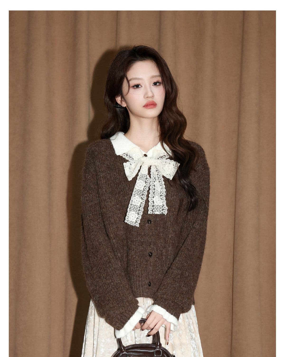 커피 색상 폴로 칼라 페이크 레이어드 스웨터 여자 가을 겨울 새로운 두꺼운 보온 니트 오픈 가디건 다용도 재킷 쇼트 스타일 맨위 상세 이미지 2