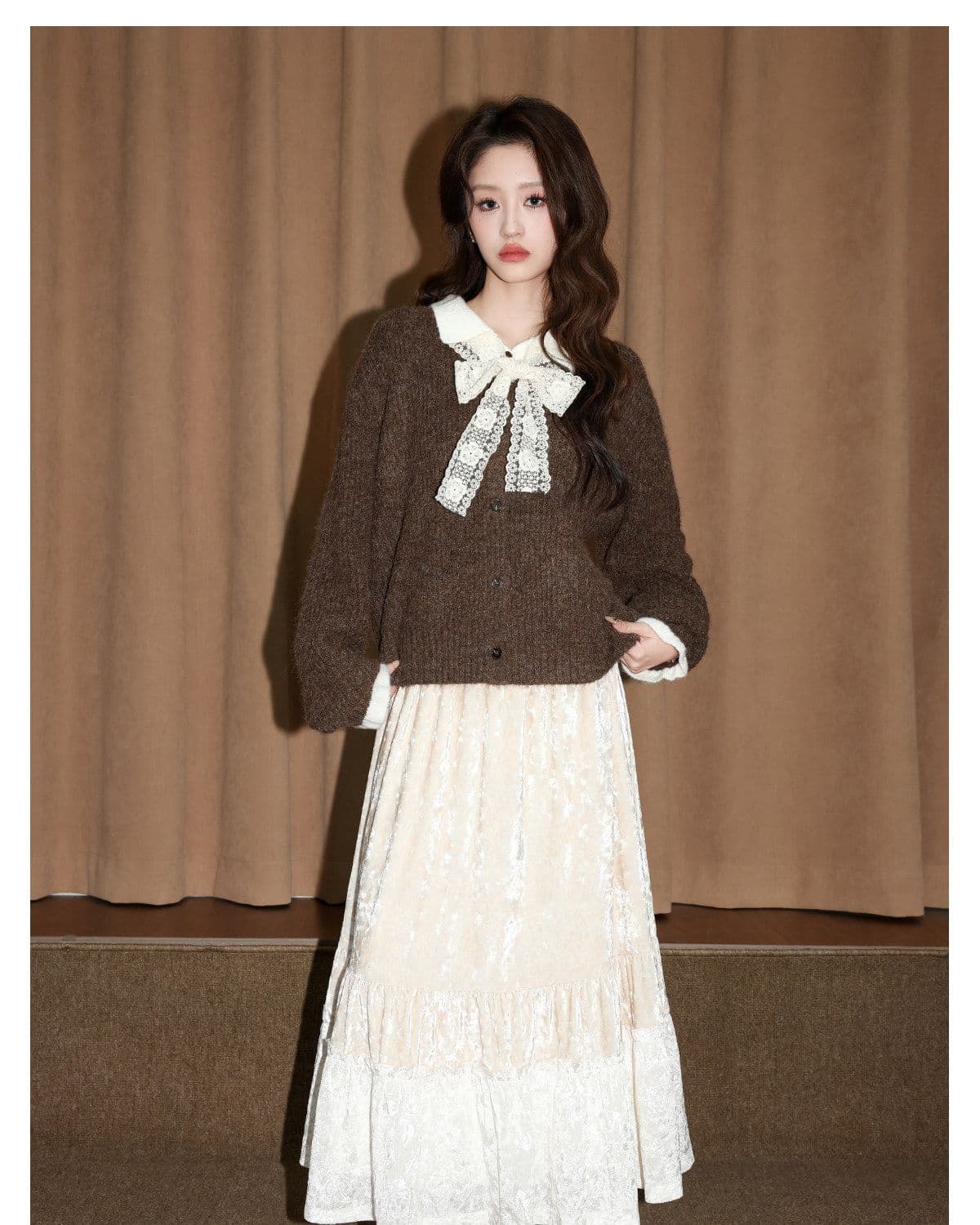 커피 색상 폴로 칼라 페이크 레이어드 스웨터 여자 가을 겨울 새로운 두꺼운 보온 니트 오픈 가디건 다용도 재킷 쇼트 스타일 맨위 상세 이미지 6