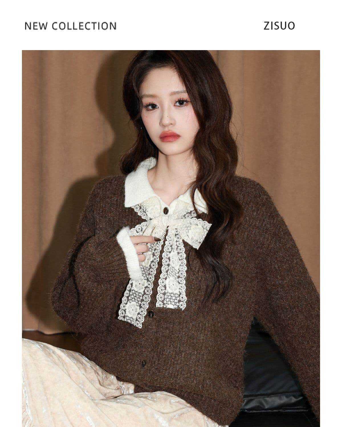 커피 색상 폴로 칼라 페이크 레이어드 스웨터 여자 가을 겨울 새로운 두꺼운 보온 니트 오픈 가디건 다용도 재킷 쇼트 스타일 맨위 상세 이미지 8