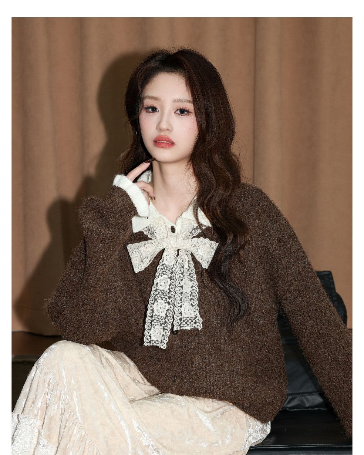 커피 색상 폴로 칼라 페이크 레이어드 스웨터 여자 가을 겨울 새로운 두꺼운 보온 니트 오픈 가디건 다용도 재킷 쇼트 스타일 맨위 상세 이미지 10