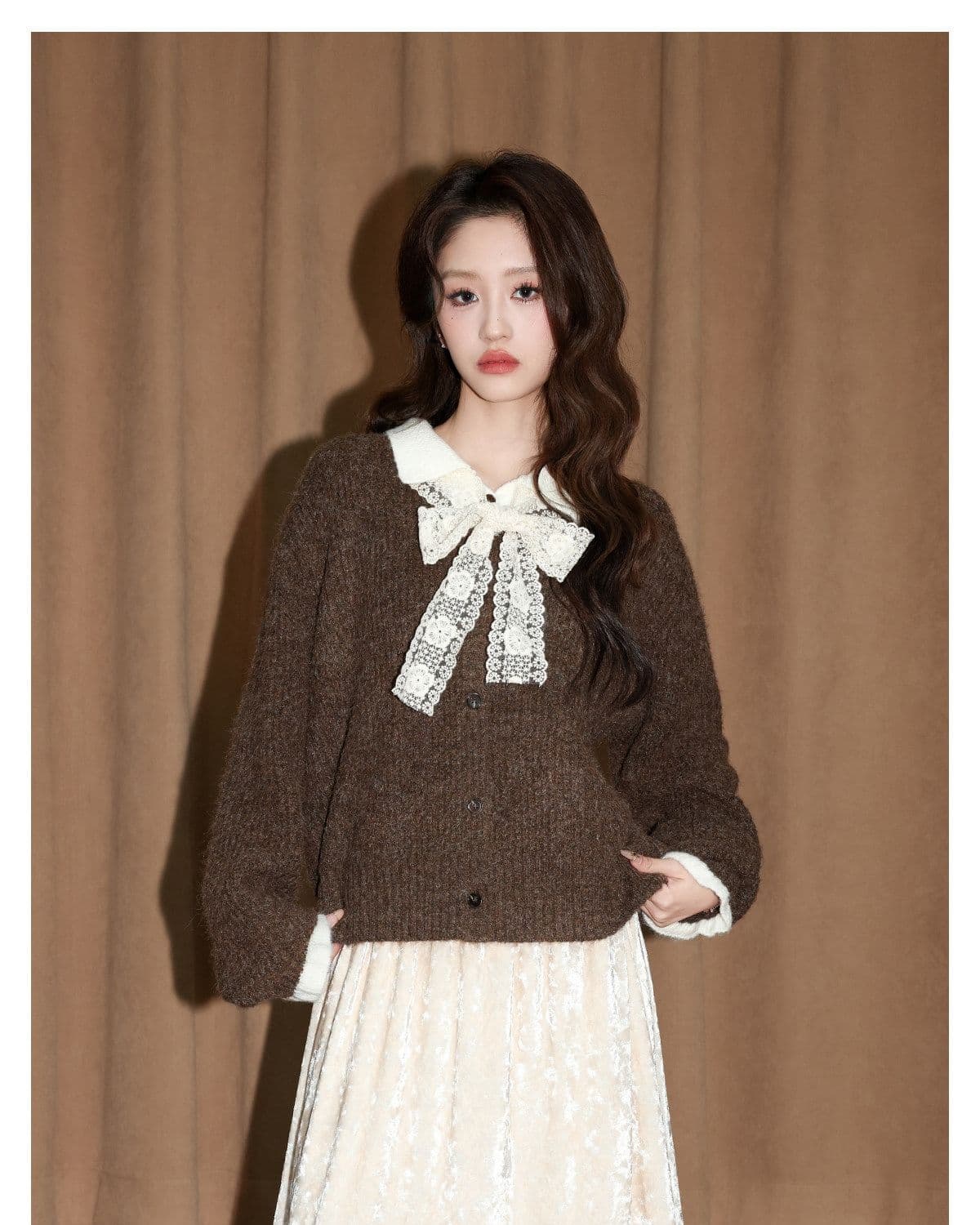 커피 색상 폴로 칼라 페이크 레이어드 스웨터 여자 가을 겨울 새로운 두꺼운 보온 니트 오픈 가디건 다용도 재킷 쇼트 스타일 맨위 상세 이미지 12