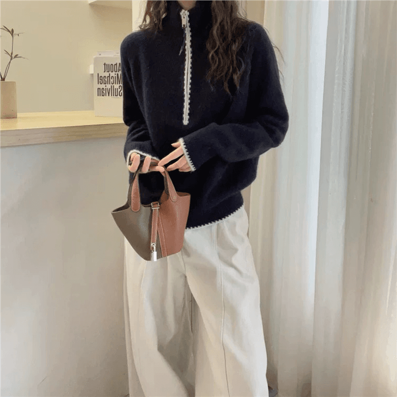 스탠드 칼라 하프 지퍼 패션 카디건 여성 가을 겨울 두꺼운 루즈핏 고급 배색 부드러운 찹쌀 양모 만나는 스웨터 여자 상세 이미지 22