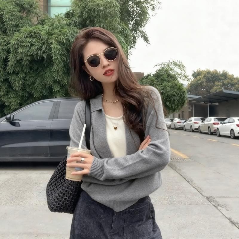 한 부서 레트로 페이크 레이어드 폴로 칼라 니트 스웨터 여성 가을 겨울 새로운 디자인 센스 슬림해 보이는 POLO 칼라 기본 셔츠 스웨터 상세 이미지 1