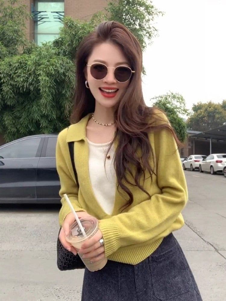 한 부서 레트로 페이크 레이어드 폴로 칼라 니트 스웨터 여성 가을 겨울 새로운 디자인 센스 슬림해 보이는 POLO 칼라 기본 셔츠 스웨터 상세 이미지 7