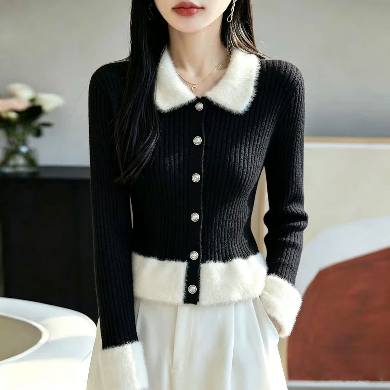 프랑스식 작은 샤넬 스타일 털 모피 칼라 니트 오픈 가디건 여성 겨울 새로운 패션 패치워크 모방 fall 디자인 캐주얼 맨위 여성 상세 이미지 2