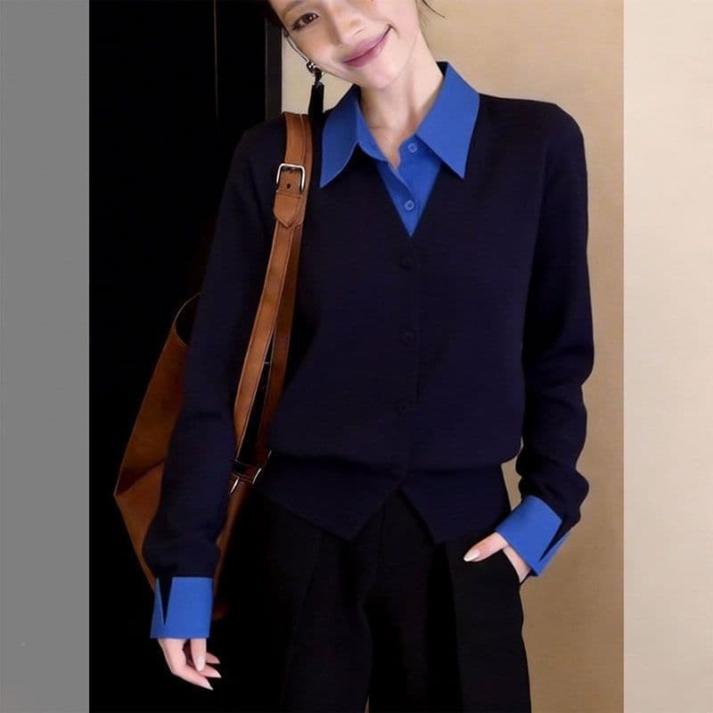 프랑스식 패션 출퇴근 배색 폴로 칼라 조기 가을 새로운 패션 페이크 레이어드 POLO 칼라 품격 다용도 니트 스웨터 이미지 3