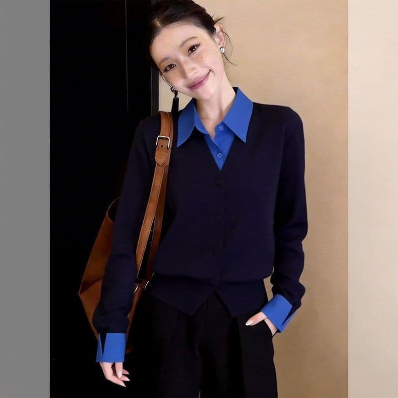 프랑스식 패션 출퇴근 배색 폴로 칼라 조기 가을 새로운 패션 페이크 레이어드 POLO 칼라 품격 다용도 니트 스웨터 이미지 4