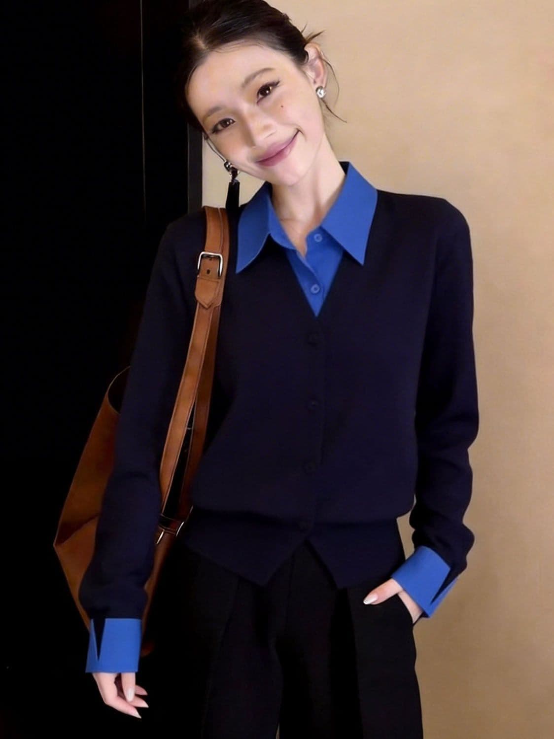 프랑스식 패션 출퇴근 배색 폴로 칼라 조기 가을 새로운 패션 페이크 레이어드 POLO 칼라 품격 다용도 니트 스웨터 상세 이미지 7