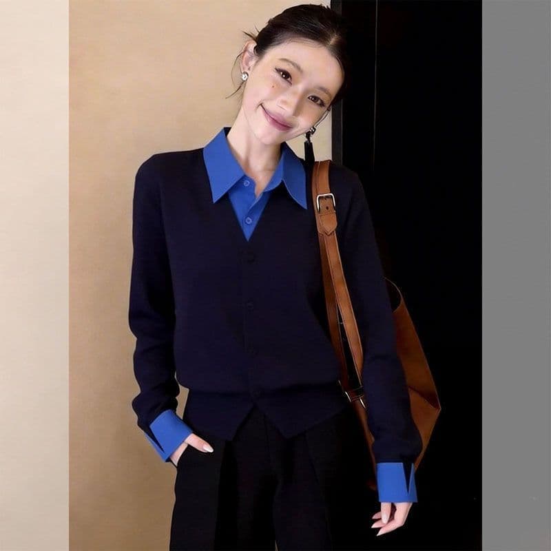 프랑스식 패션 출퇴근 배색 폴로 칼라 조기 가을 새로운 패션 페이크 레이어드 POLO 칼라 품격 다용도 니트 스웨터 상세 이미지 10