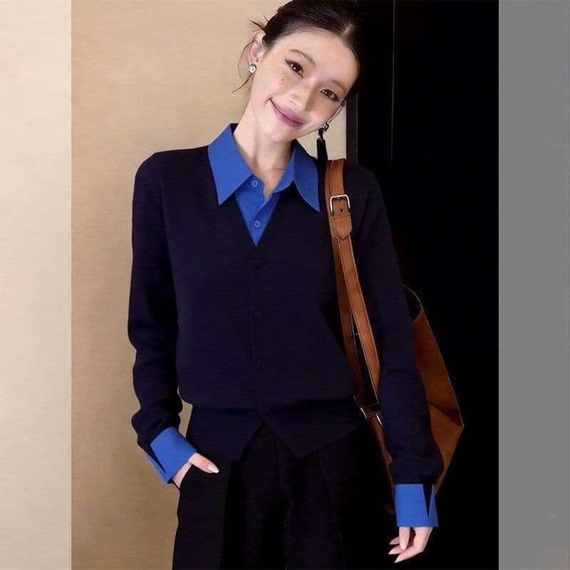 프랑스식 패션 출퇴근 배색 폴로 칼라 조기 가을 새로운 패션 페이크 레이어드 POLO 칼라 품격 다용도 니트 스웨터 상세 이미지 12