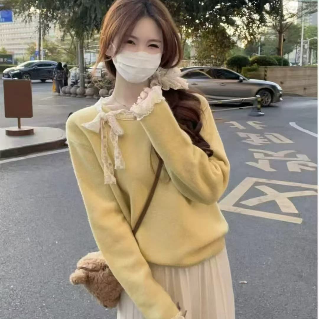 프랑스식 부드러운 고급 패션 패치워크 레이스 레이스 스웨터 새로운 레이스업 니트 다용도 캐주얼 미니멀리즘 맨위 이미지 2