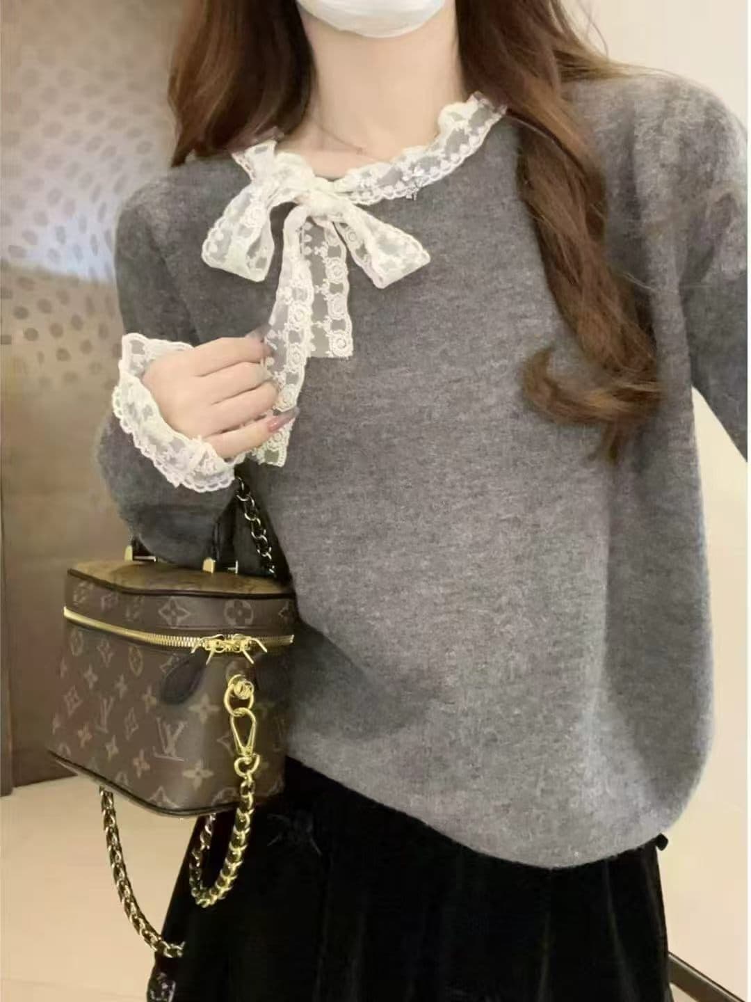 프랑스식 부드러운 고급 패션 패치워크 레이스 레이스 스웨터 새로운 레이스업 니트 다용도 캐주얼 미니멀리즘 맨위