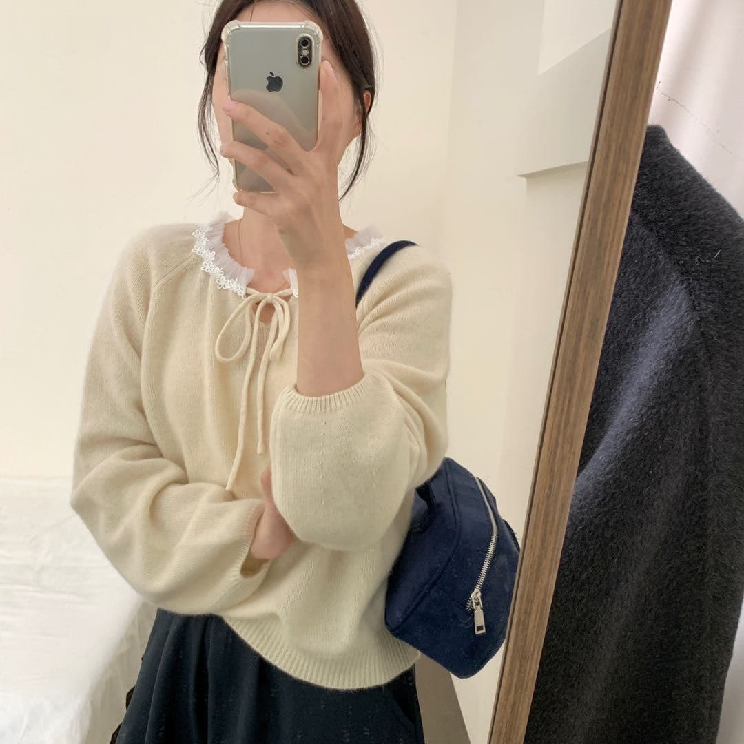 프랑스식 부드러운 고급 패치워크 레이스 레이스 스웨터 새로운 패션 레이스업 니트 다용도 패션 미니멀리즘 맨위 상세 이미지 1
