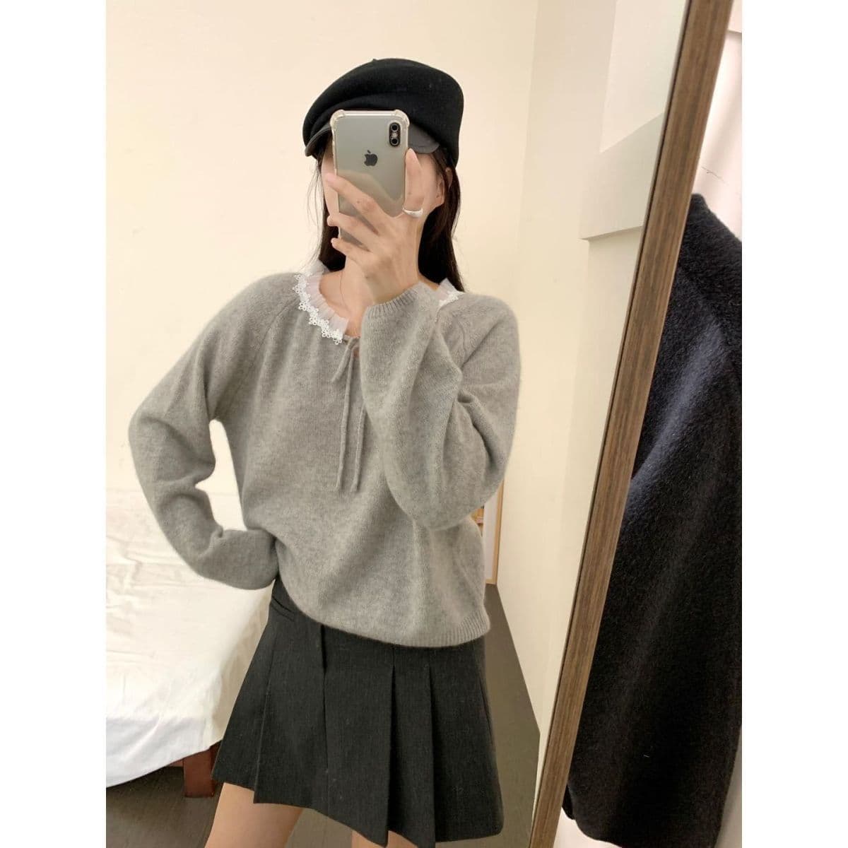 프랑스식 부드러운 고급 패치워크 레이스 레이스 스웨터 새로운 패션 레이스업 니트 다용도 패션 미니멀리즘 맨위 상세 이미지 6
