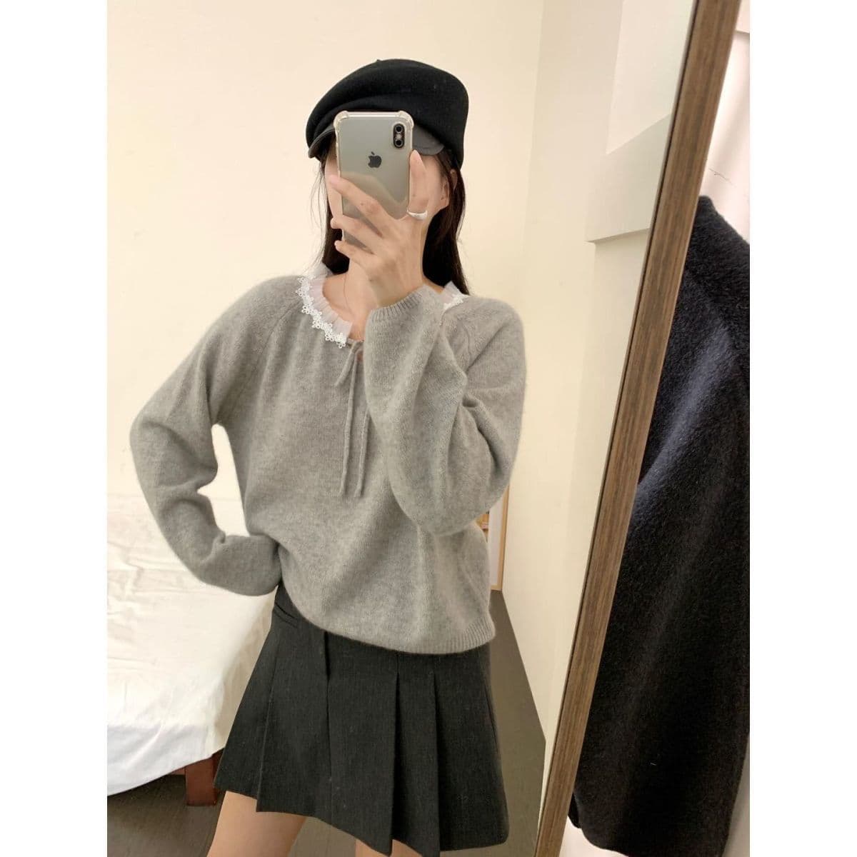 프랑스식 부드러운 고급 패치워크 레이스 레이스 스웨터 새로운 패션 레이스업 니트 다용도 패션 미니멀리즘 맨위 상세 이미지 8