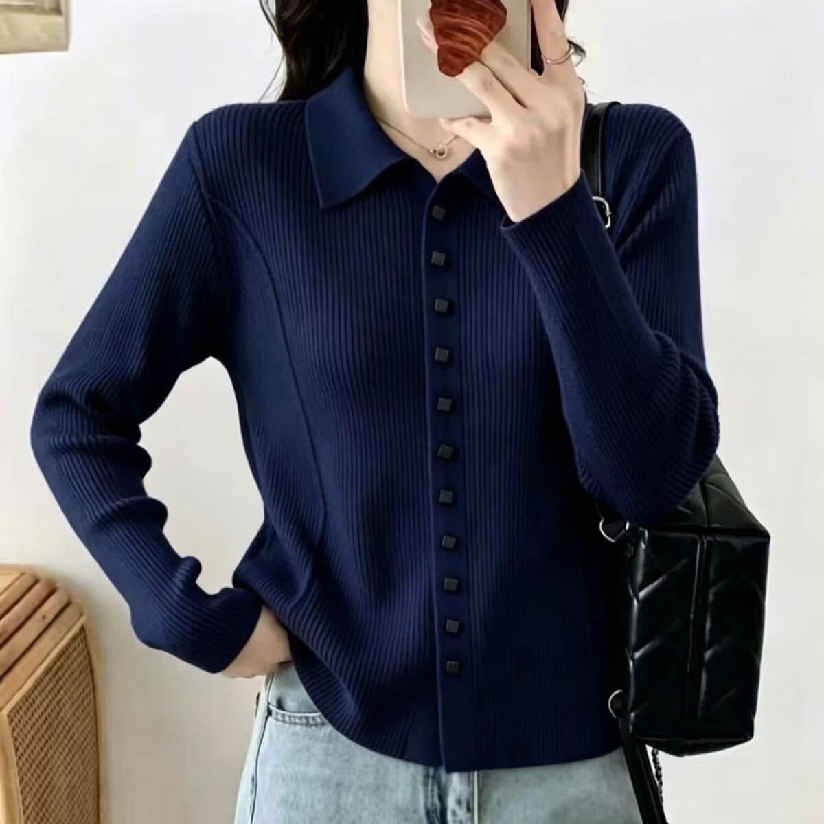 POLO 칼라 니트 스웨터 오픈 가디건 여성 의류 루즈핏 만나는 맨위 가을 새로운 봄 가을 인사이드 가져 가라. 슬림해 보이는 스웨터 코트 상세 이미지 3