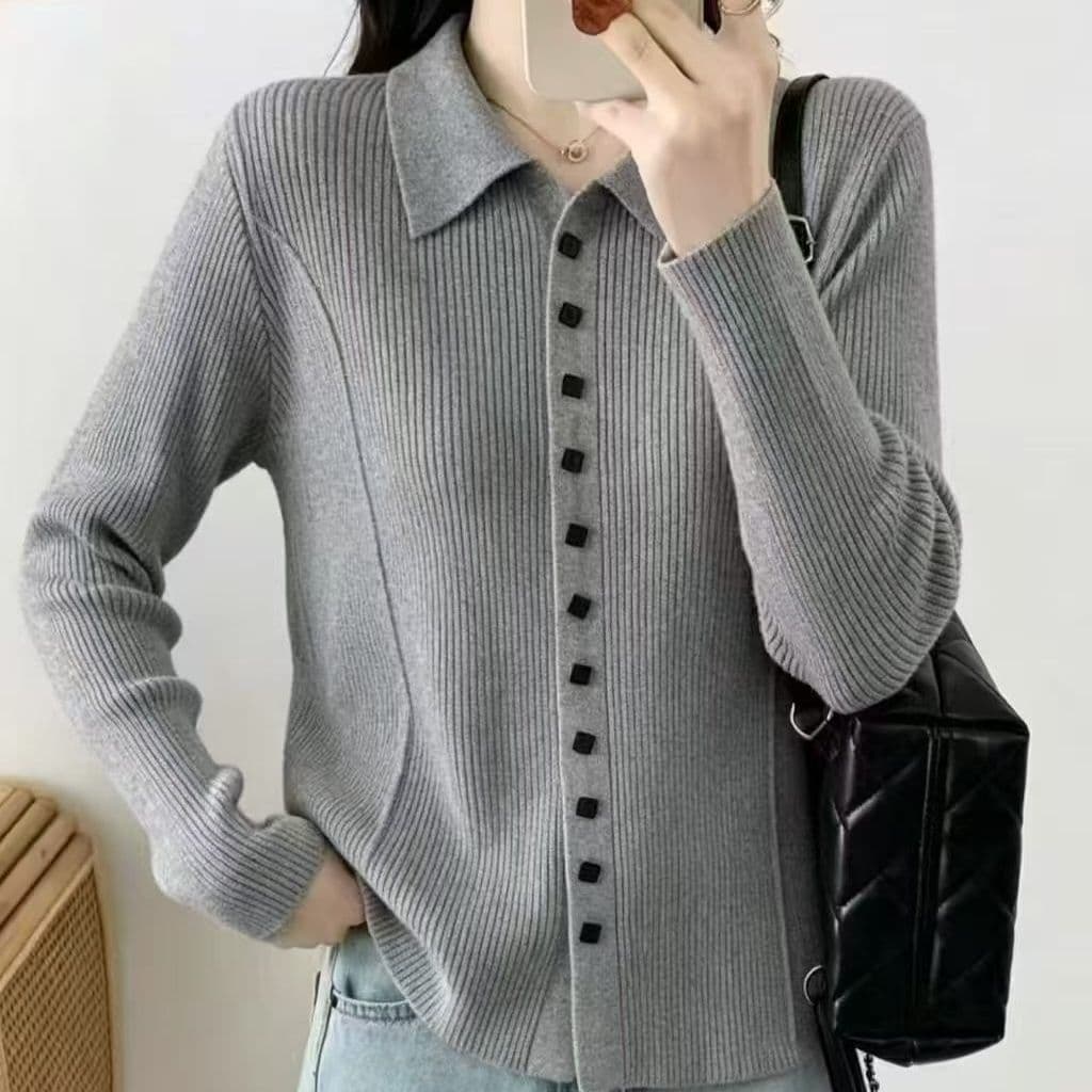 POLO 칼라 니트 스웨터 오픈 가디건 여성 의류 루즈핏 만나는 맨위 가을 새로운 봄 가을 인사이드 가져 가라. 슬림해 보이는 스웨터 코트 상세 이미지 12