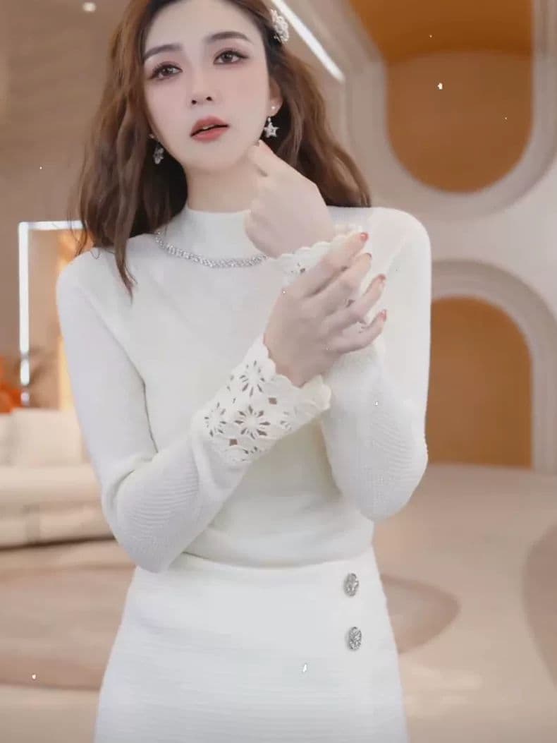 훈련 사슬 디자인 자수 질감 곡물 반하이넥 니트 기본 셔츠 봄 가을 겨울 품격 다용도 Chic 긴팔 맨위 상세 이미지 18