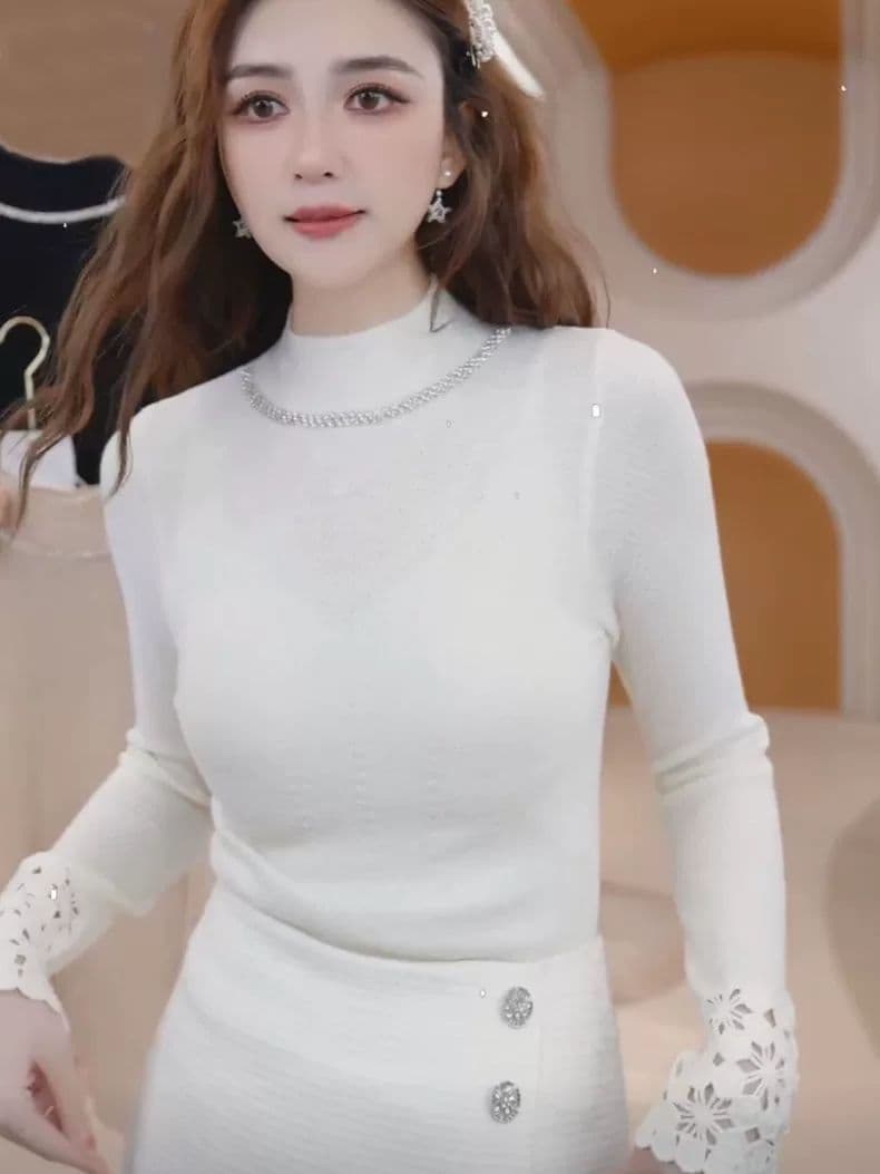 훈련 사슬 디자인 자수 질감 곡물 반하이넥 니트 기본 셔츠 봄 가을 겨울 품격 다용도 Chic 긴팔 맨위 상세 이미지 26
