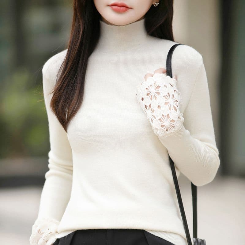 한 부서 고급 새로운 가을 겨울 자수 패치워크 뽕나무 누에 실크 하프 칼라 만나는 니트 스웨터 단색 루즈핏 맨위 여성 의류 상세 이미지 26