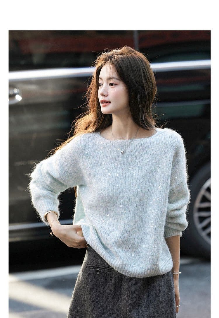 가을 패션 품격 스팽글 라운드 넥 스웨터 여자 느긋한 부드러운 찹쌀 프로 피부 루즈핏 연령 감소 표지 고기 니트 스웨터 맨위 상세 이미지 4