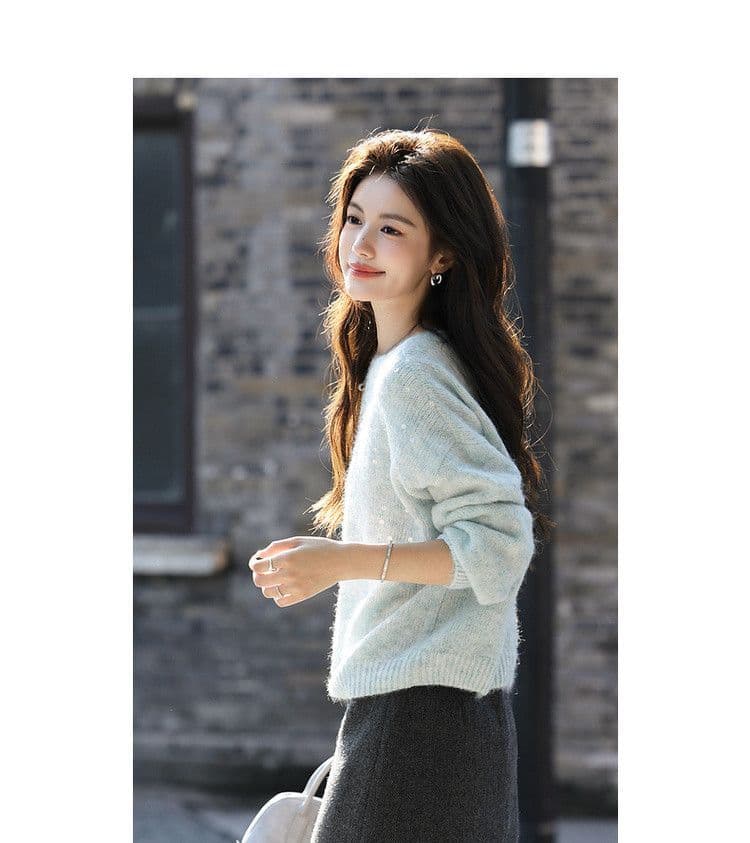 가을 패션 품격 스팽글 라운드 넥 스웨터 여자 느긋한 부드러운 찹쌀 프로 피부 루즈핏 연령 감소 표지 고기 니트 스웨터 맨위 상세 이미지 11
