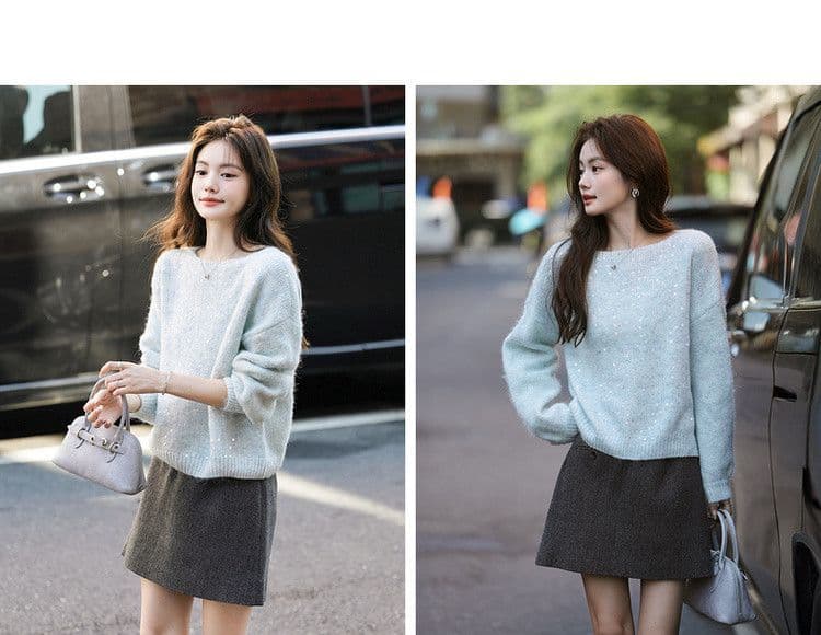 가을 패션 품격 스팽글 라운드 넥 스웨터 여자 느긋한 부드러운 찹쌀 프로 피부 루즈핏 연령 감소 표지 고기 니트 스웨터 맨위 상세 이미지 12