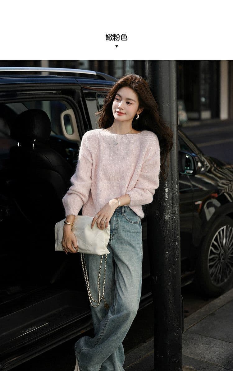 가을 패션 품격 스팽글 라운드 넥 스웨터 여자 느긋한 부드러운 찹쌀 프로 피부 루즈핏 연령 감소 표지 고기 니트 스웨터 맨위 상세 이미지 13