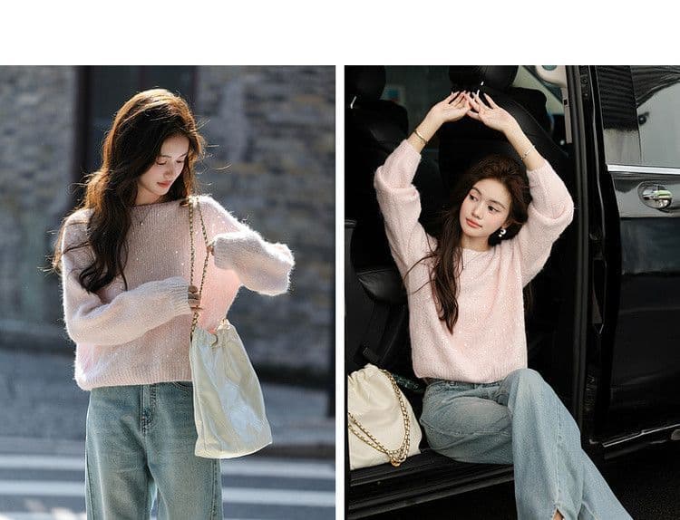 가을 패션 품격 스팽글 라운드 넥 스웨터 여자 느긋한 부드러운 찹쌀 프로 피부 루즈핏 연령 감소 표지 고기 니트 스웨터 맨위 상세 이미지 14