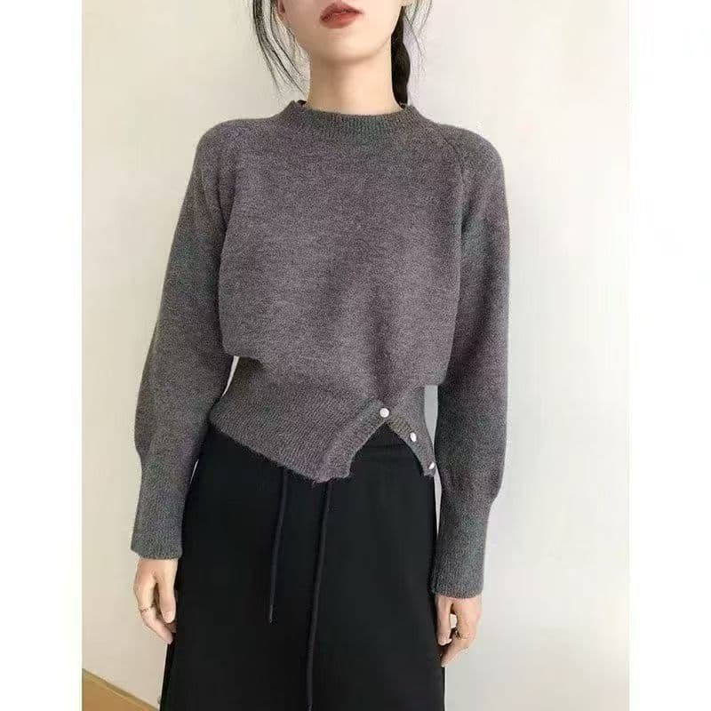 한 부서 라운드 넥 느긋한 바람 스웨터 슬림해 보이는 낮은 네크라인 여성 의류 가을 겨울철 맨위 인터넷 유명인 고급 센스 풀오버 니트 스웨터 상세 이미지 1