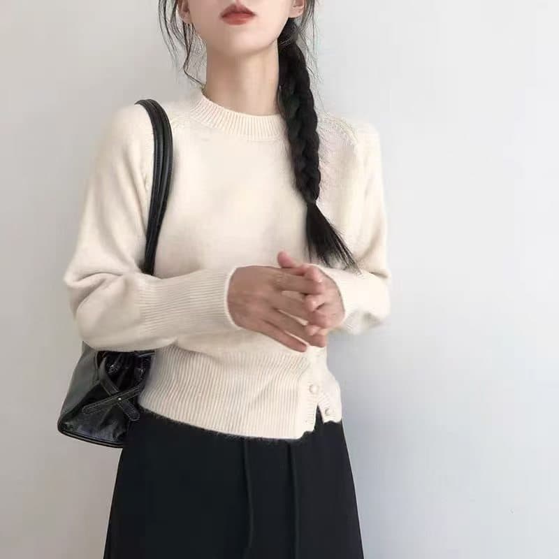 한 부서 라운드 넥 느긋한 바람 스웨터 슬림해 보이는 낮은 네크라인 여성 의류 가을 겨울철 맨위 인터넷 유명인 고급 센스 풀오버 니트 스웨터 상세 이미지 2