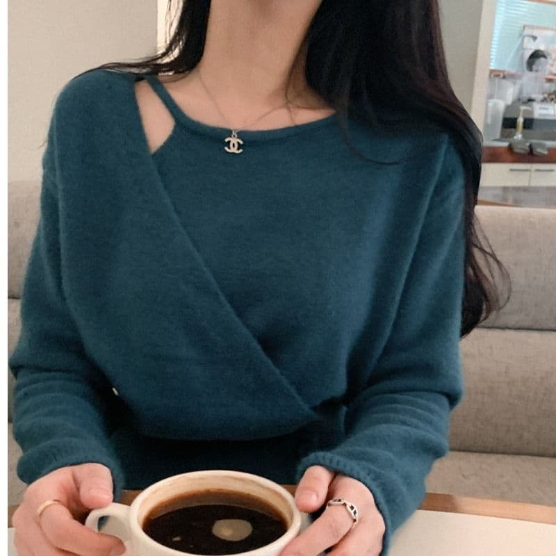 한 부서 가을 새로운 chi 디자인 센스 불규칙 페이크 레이어드 세 버클 허리 수축 니트 스웨터 패션 맨위 이미지 3