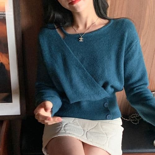 한 부서 가을 새로운 chi 디자인 센스 불규칙 페이크 레이어드 세 버클 허리 수축 니트 스웨터 패션 맨위 상세 이미지 9