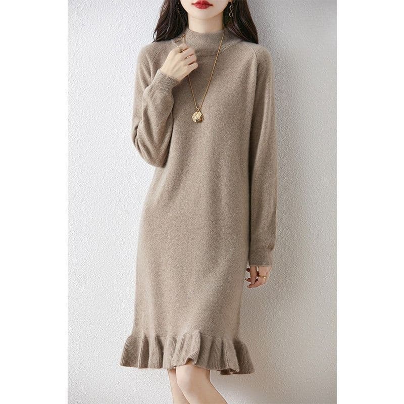 가을 겨울철 새로운 반하이넥 중간 길이 니트 스웨터 여성 드레스 단색 긴팔 레이스 밑단 스트레이트 치마 상세 이미지 1