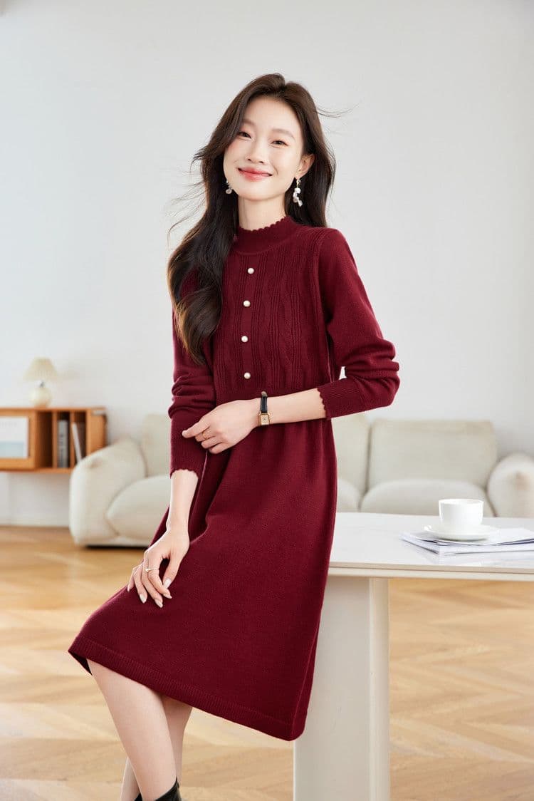작은 샤넬 스타일 고급 니트 여성 드레스 허리 수축 슬림해 보이는 중간 길이 플리츠 스웨터 드레스 가을 겨울 경기 코트 치마 상세 이미지 12