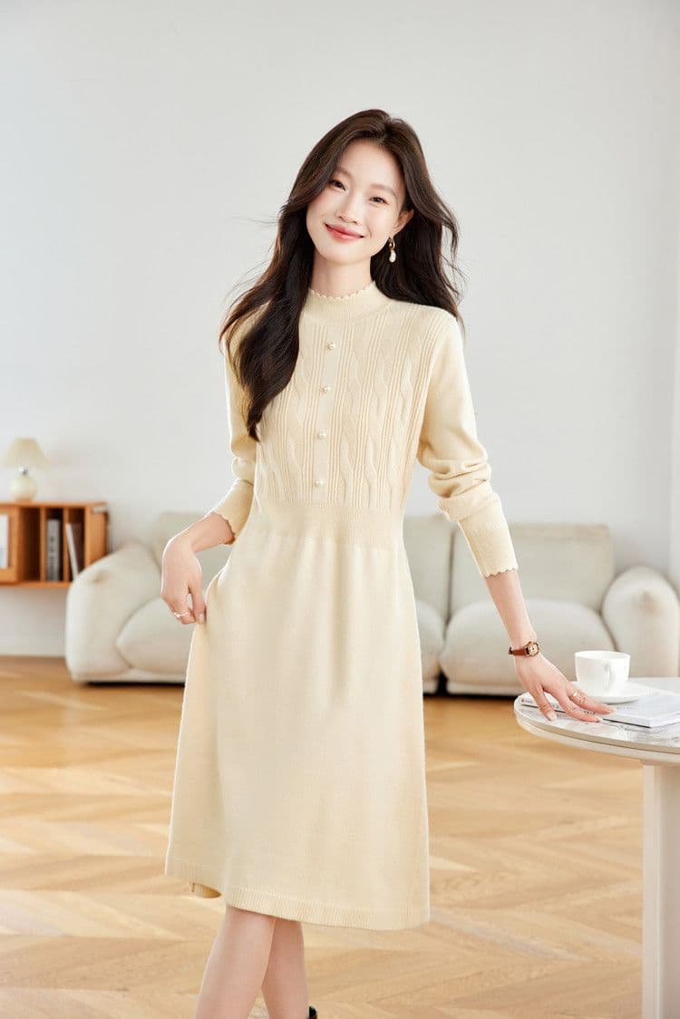 작은 샤넬 스타일 고급 니트 여성 드레스 허리 수축 슬림해 보이는 중간 길이 플리츠 스웨터 드레스 가을 겨울 경기 코트 치마 상세 이미지 18