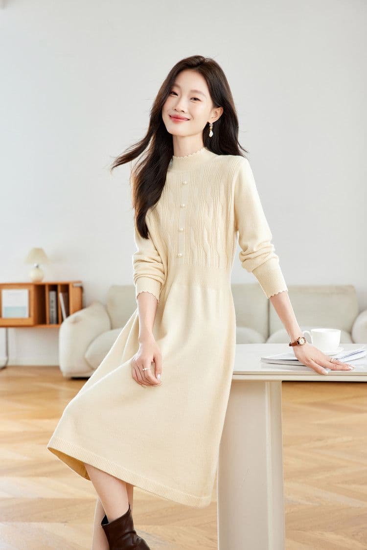 작은 샤넬 스타일 고급 니트 여성 드레스 허리 수축 슬림해 보이는 중간 길이 플리츠 스웨터 드레스 가을 겨울 경기 코트 치마 상세 이미지 19