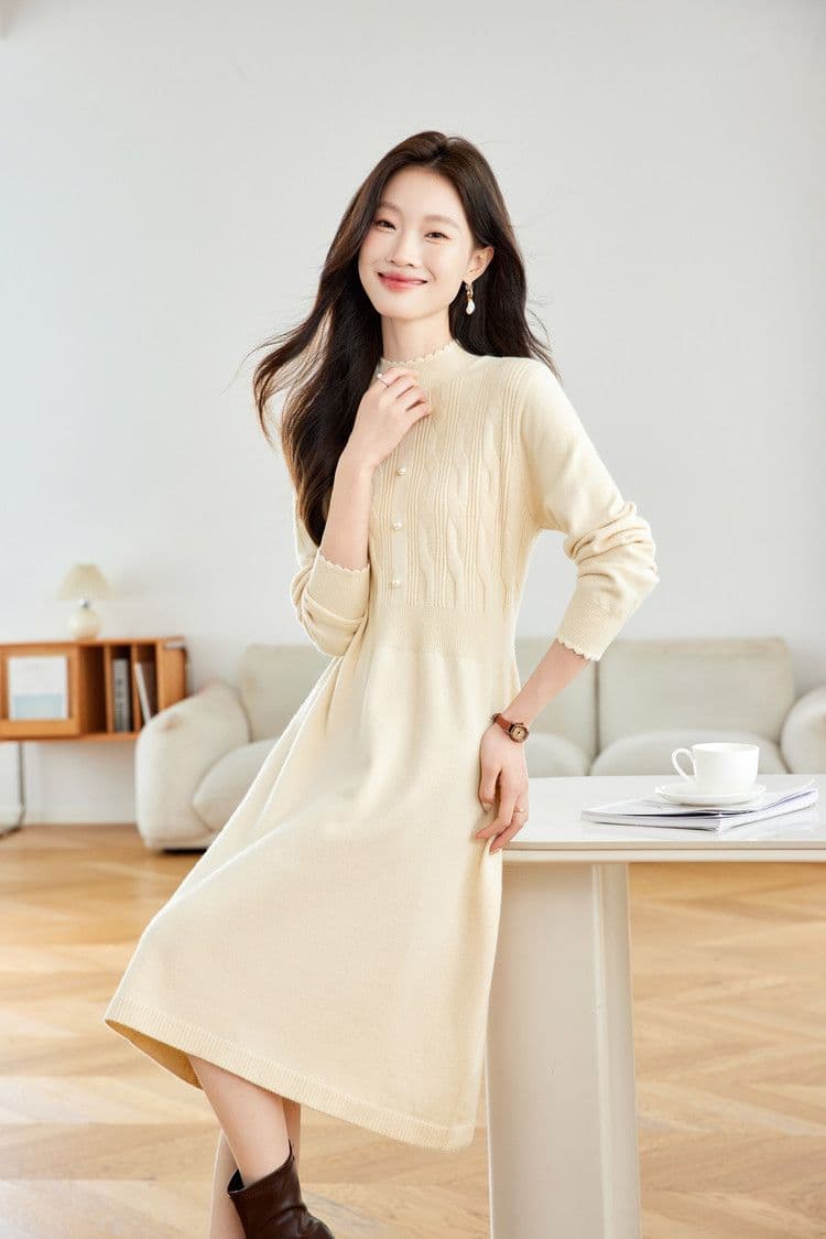 작은 샤넬 스타일 고급 니트 여성 드레스 허리 수축 슬림해 보이는 중간 길이 플리츠 스웨터 드레스 가을 겨울 경기 코트 치마 상세 이미지 20